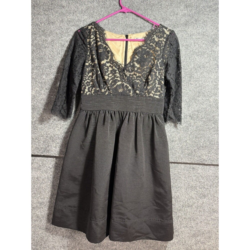 Eliza J Black Lace Bodice Fit & Flare Cocktail Dress Nude Lined 3/4 Sleeve 4P